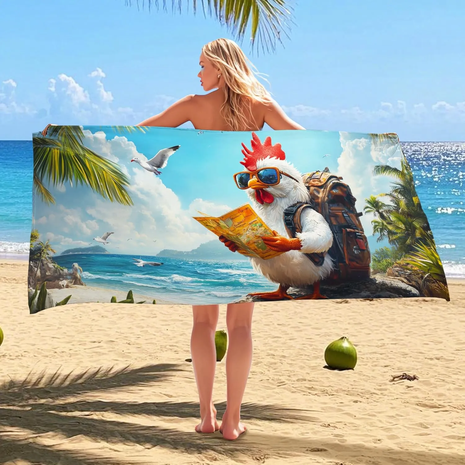 Colorful Cartoon Chicken Beach Towel White Hen in Sunglasses Map Design, Quick Dry Absorbent Sand Free Lightweight Beach Blanket, Summer Vacation Pool Picnic Essentials 62x31 Inch
