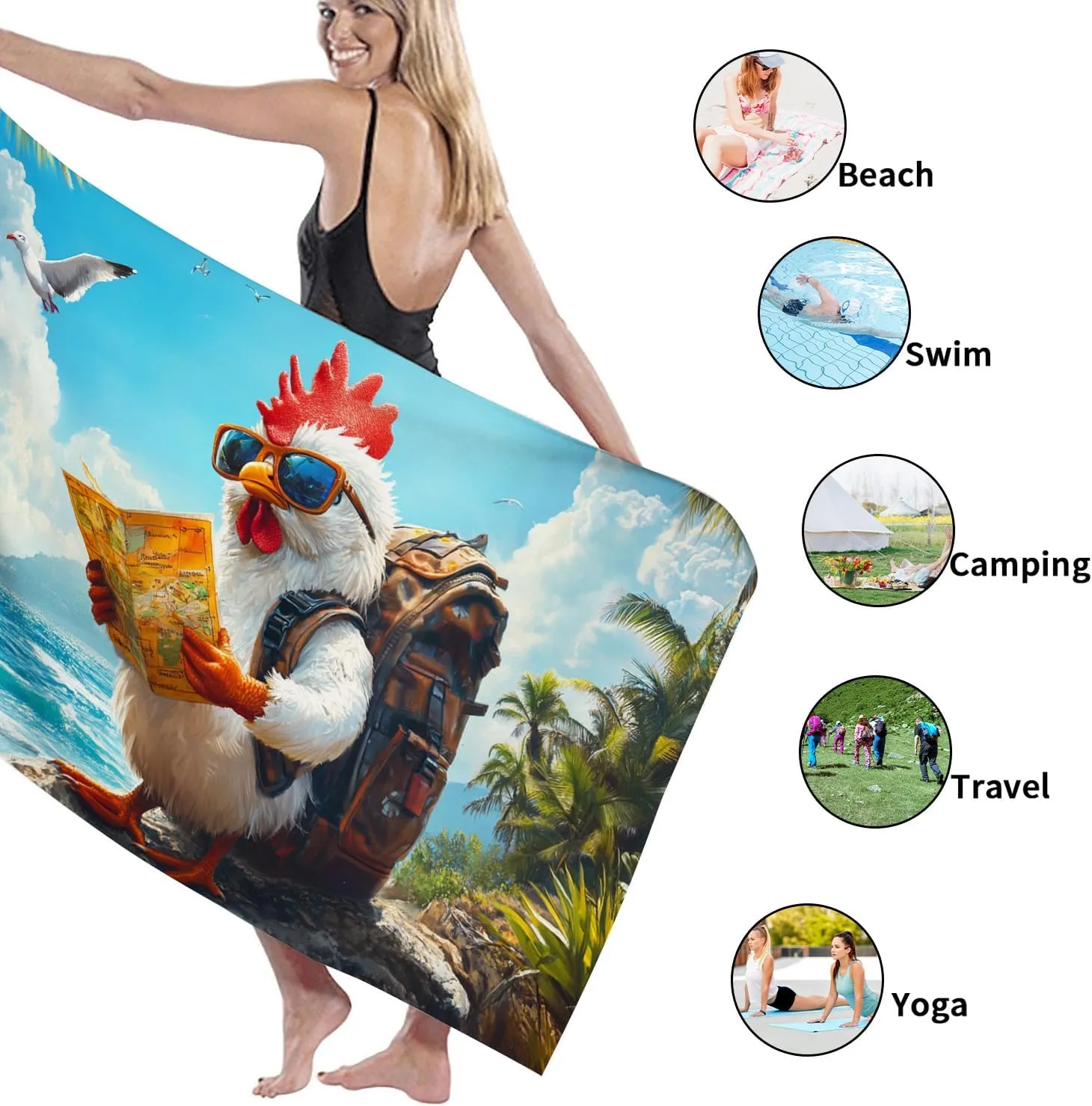 Colorful Cartoon Chicken Beach Towel White Hen in Sunglasses Map Design, Quick Dry Absorbent Sand Free Lightweight Beach Blanket, Summer Vacation Pool Picnic Essentials 62x31 Inch
