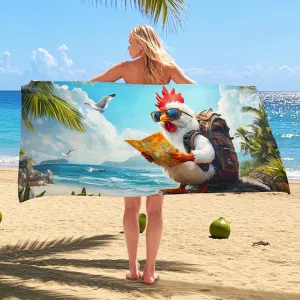 Colorful Cartoon Chicken Beach Towel White Hen in Sunglasses Map Design, Quick Dry Absorbent Sand Free Lightweight Beach Blanket, Summer Vacation Pool Picnic Essentials 62x31 Inch
