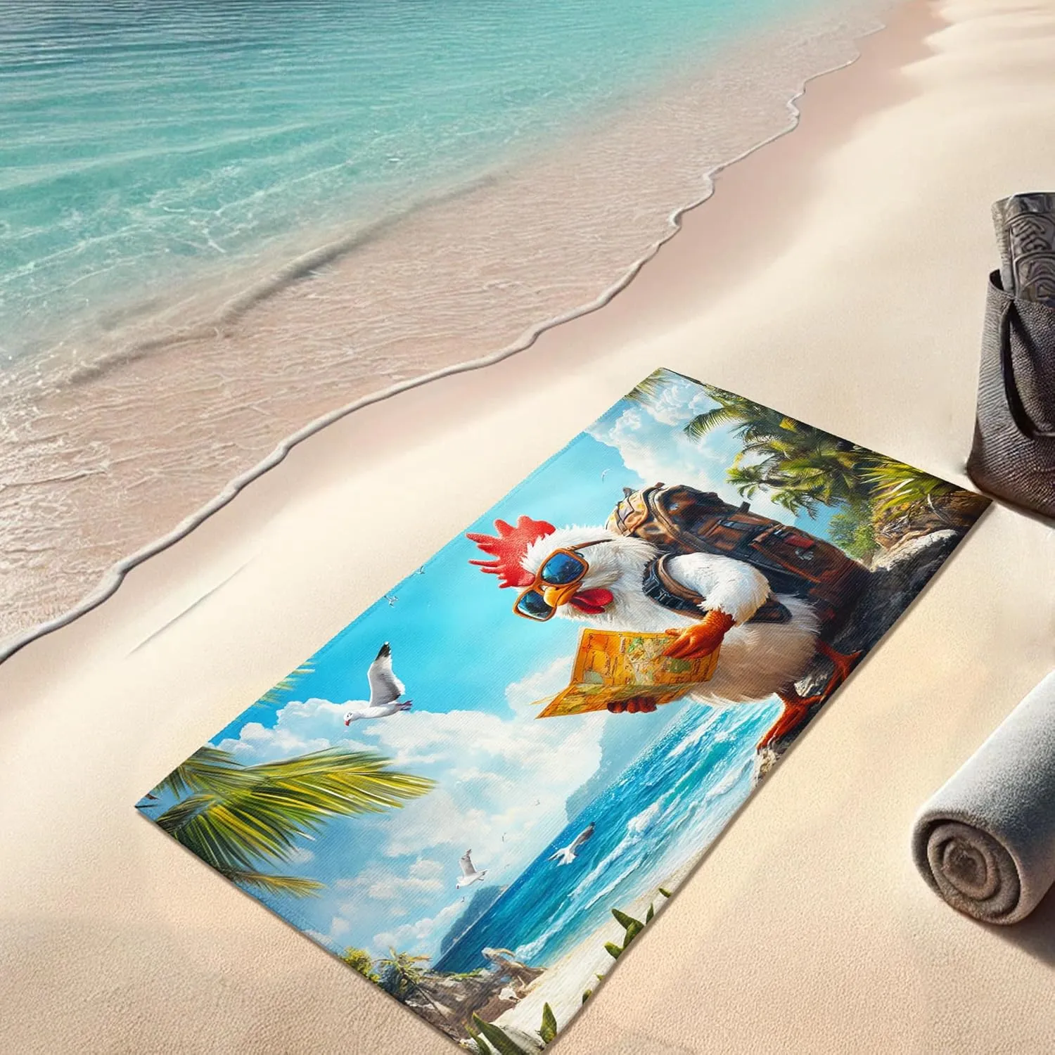Colorful Cartoon Chicken Beach Towel White Hen in Sunglasses Map Design, Quick Dry Absorbent Sand Free Lightweight Beach Blanket, Summer Vacation Pool Picnic Essentials 62x31 Inch