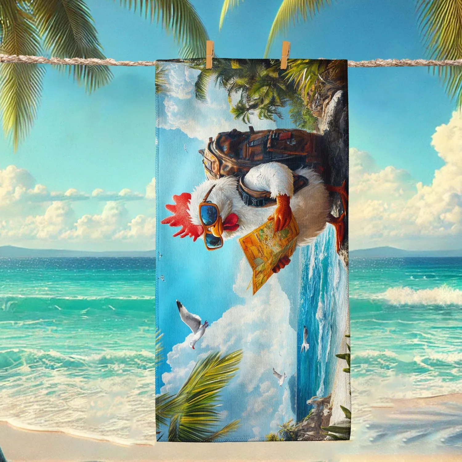 Colorful Cartoon Chicken Beach Towel White Hen in Sunglasses Map Design, Quick Dry Absorbent Sand Free Lightweight Beach Blanket, Summer Vacation Pool Picnic Essentials 62x31 Inch