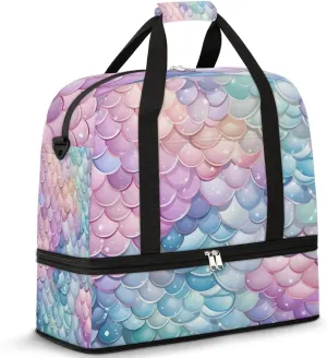 Colorful Mermaid Scales Travel Duffel Bag for Women Men, Sea Fish Scales Sports Gym Bag with Shoes Compartment Foldable Overnight Bag Weekender Tote Workout Carry On Luggage Bag