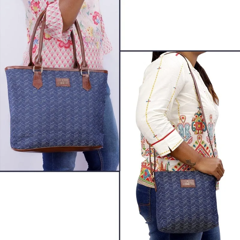 Combo: Adelina Sling & Justina Tote - Durable Faux Leather | Adjustable Strap | 1 Bag Each | Blue Stripes