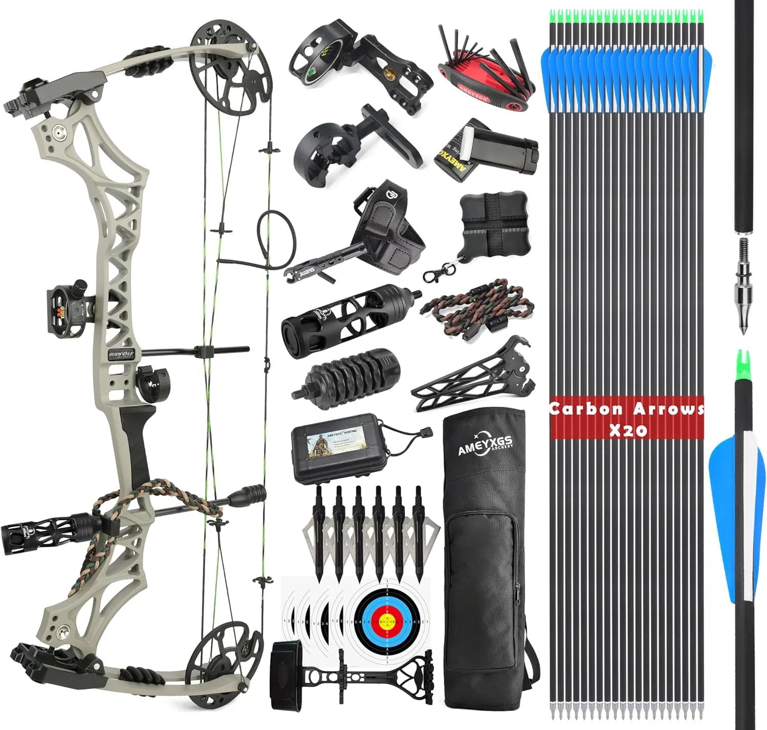 Compound Bow Kit, Hunting and Target, Limb Made in USA,Draw Weight 30-70 lbs Adjustable, Draw Length 19-31",up to IBO 320FPS Speed, Package with Archery Hunting Accessories