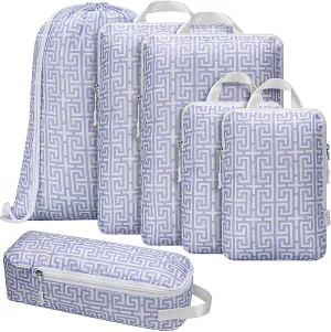 Compression Packing Cubes Travel Essentials - Ultralight Water Resistant Suitcase Organizer & Space Saver Bags for Carry On Luggage with Drawstring Backpack/Laundry Bag, 6pc Set-Lavender Boho