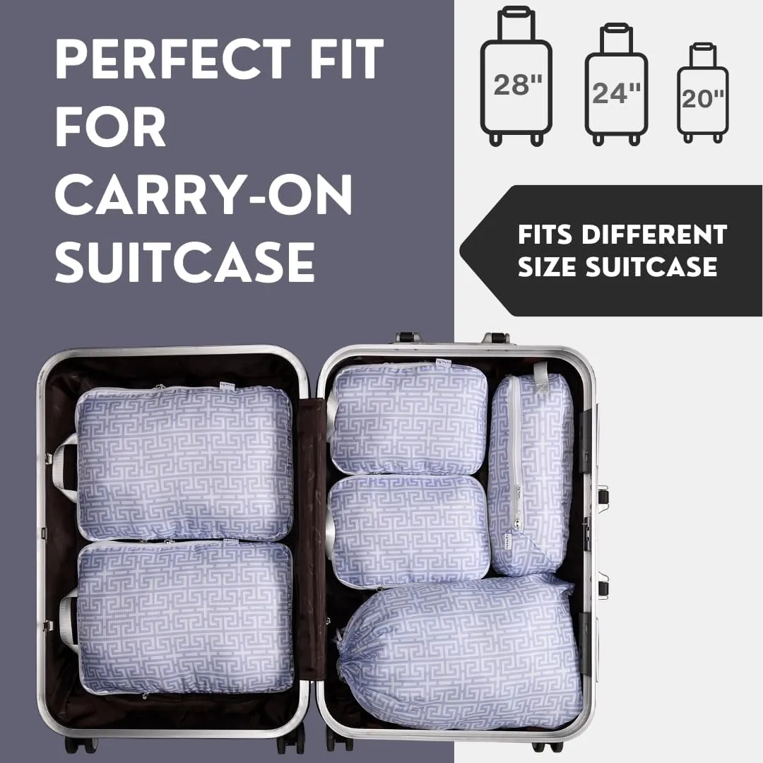 Compression Packing Cubes Travel Essentials - Ultralight Water Resistant Suitcase Organizer & Space Saver Bags for Carry On Luggage with Drawstring Backpack/Laundry Bag, 6pc Set-Lavender Boho