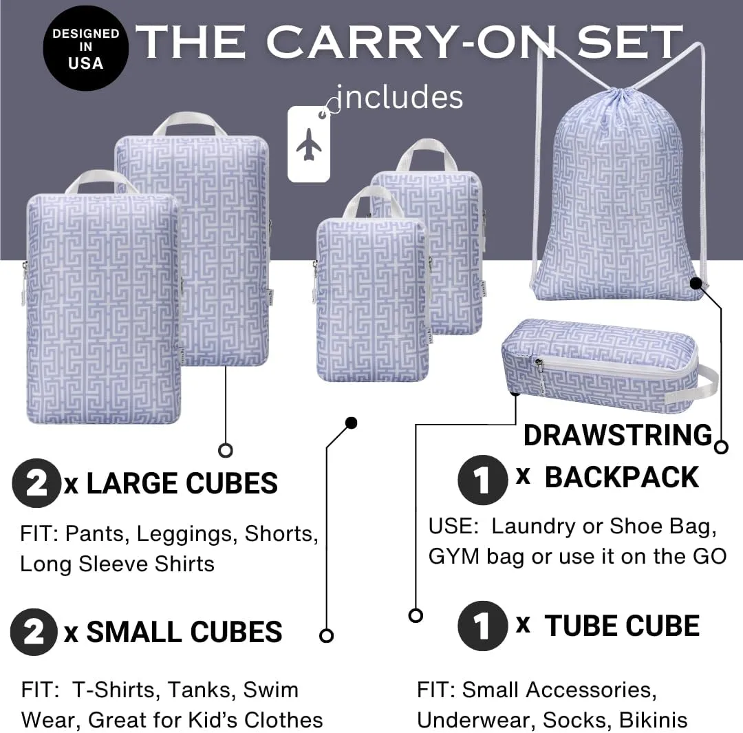 Compression Packing Cubes Travel Essentials - Ultralight Water Resistant Suitcase Organizer & Space Saver Bags for Carry On Luggage with Drawstring Backpack/Laundry Bag, 6pc Set-Lavender Boho
