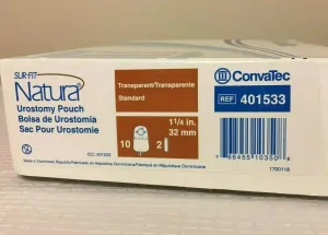 ConvaTec 401533 SUR-FIT 10" Natura Urostomy Pouch with 1-Sided Comfort Panel, Standard, Fold-Over Tap, Transparent, 1-1/4" Flange, Pack of 10
