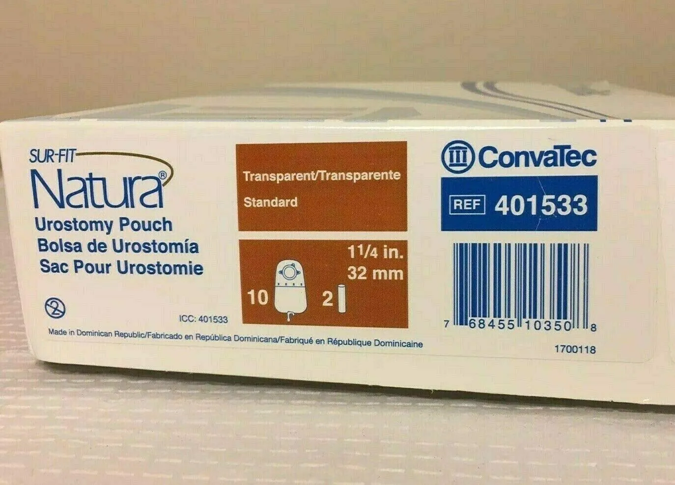 ConvaTec 401533 SUR-FIT 10" Natura Urostomy Pouch with 1-Sided Comfort Panel, Standard, Fold-Over Tap, Transparent, 1-1/4" Flange, Pack of 10