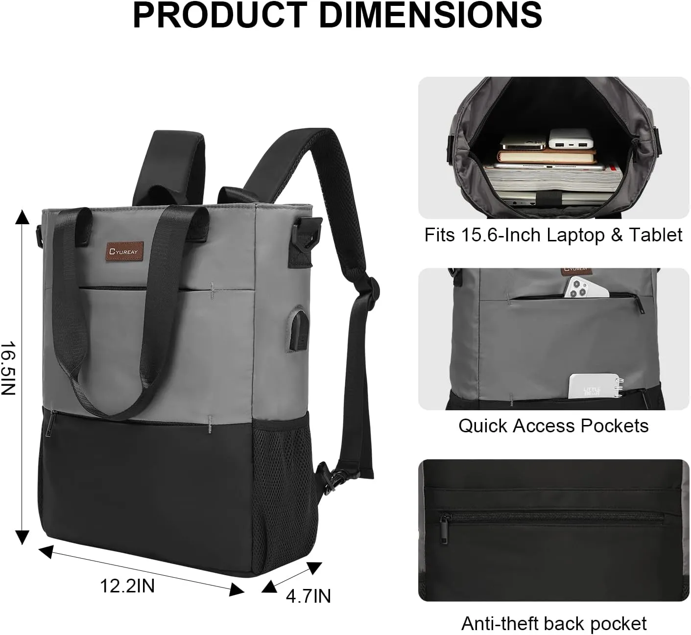 Convertible Backpack Tote - Women's 15.6-Inch Laptop, Travel, Work & Nurse Backpack - Grey
