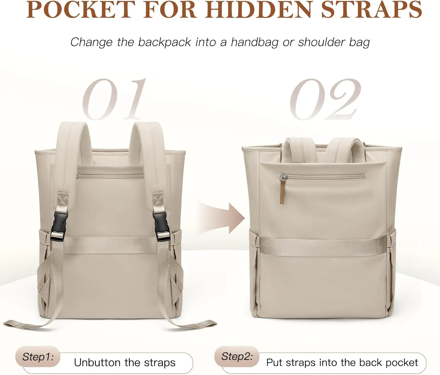 Convertible Laptop Backpack for Women Men Carry on Tote Backpack Teacher Bookbag for College Work Nurse Travel Leisure,16 Inch,Apricot