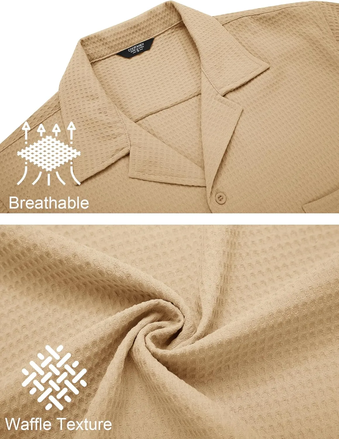 COOFANDY Men's Waffle Shirt Button Down Short Sleeve Shirt Loose Fit Cuban Beach Tops