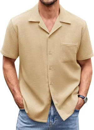 COOFANDY Men's Waffle Shirt Button Down Short Sleeve Shirt Loose Fit Cuban Beach Tops