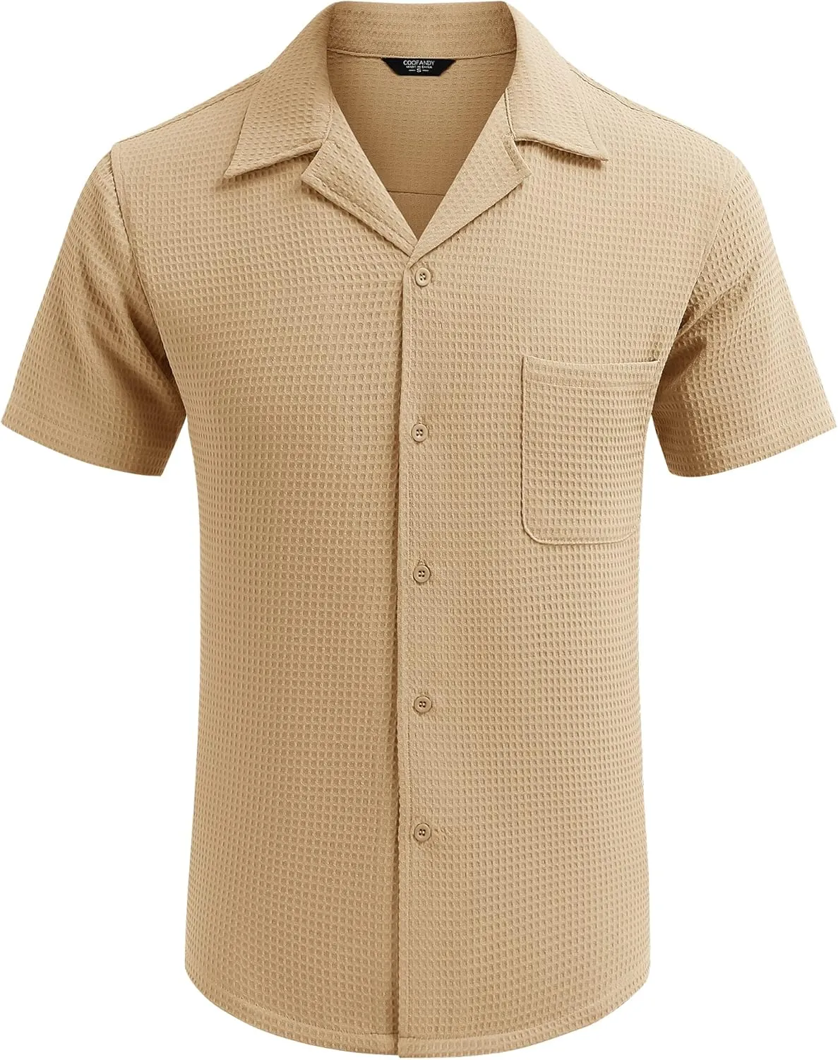 COOFANDY Men's Waffle Shirt Button Down Short Sleeve Shirt Loose Fit Cuban Beach Tops