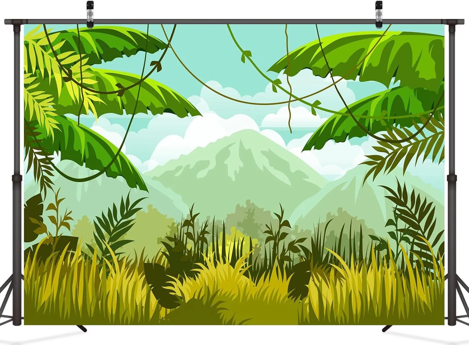 CORFOTO Jungle Safari Backdrop 8x6ft Fabric Wild Animals Mountains Green Forest Photography Background for Safari Themed Birthday Party Decorations Zoo Party Banner Kids Baby Shower Photo Booth Props