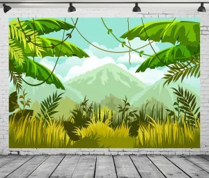 CORFOTO Jungle Safari Backdrop 8x6ft Fabric Wild Animals Mountains Green Forest Photography Background for Safari Themed Birthday Party Decorations Zoo Party Banner Kids Baby Shower Photo Booth Props
