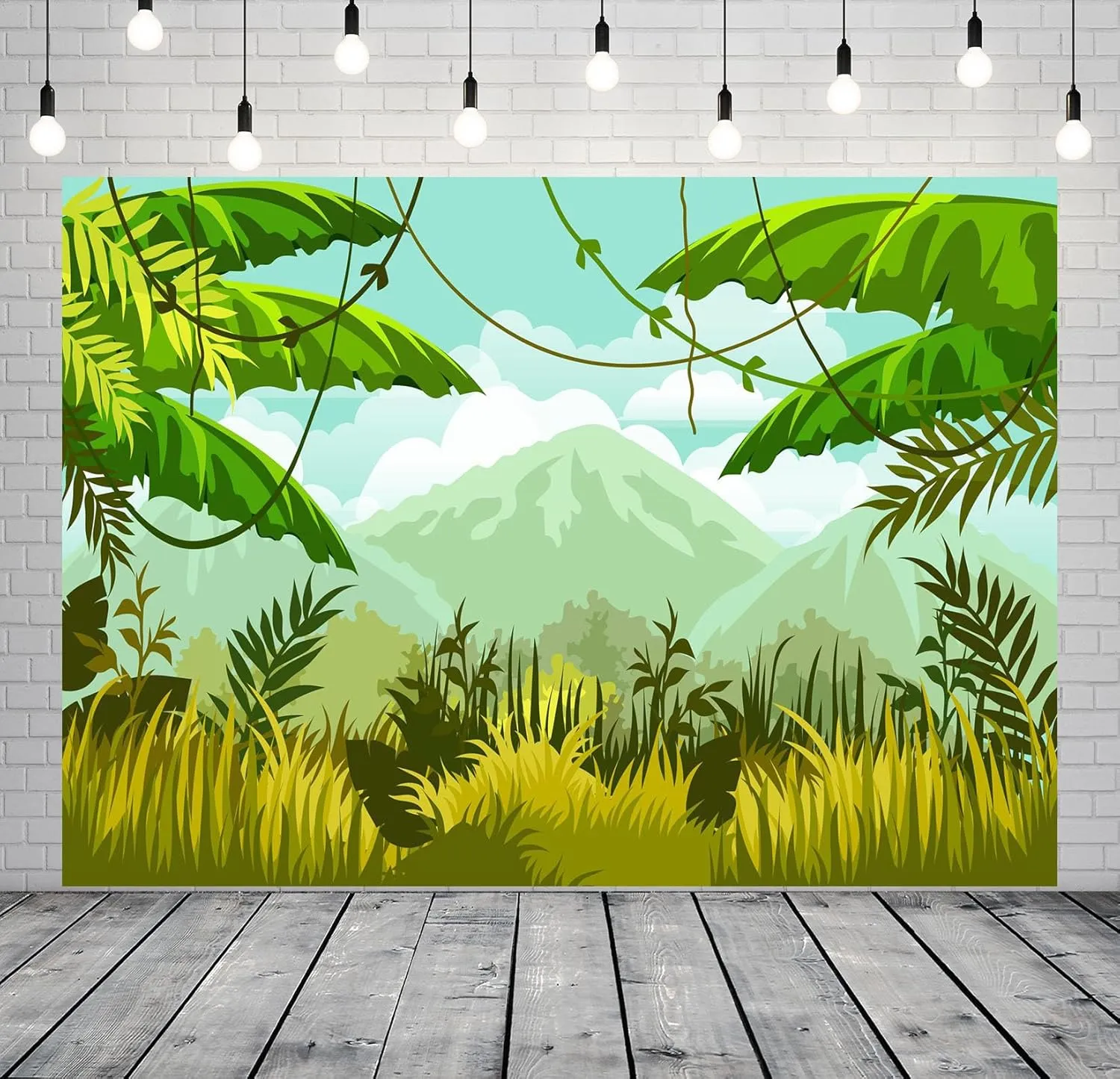 CORFOTO Jungle Safari Backdrop 8x6ft Fabric Wild Animals Mountains Green Forest Photography Background for Safari Themed Birthday Party Decorations Zoo Party Banner Kids Baby Shower Photo Booth Props