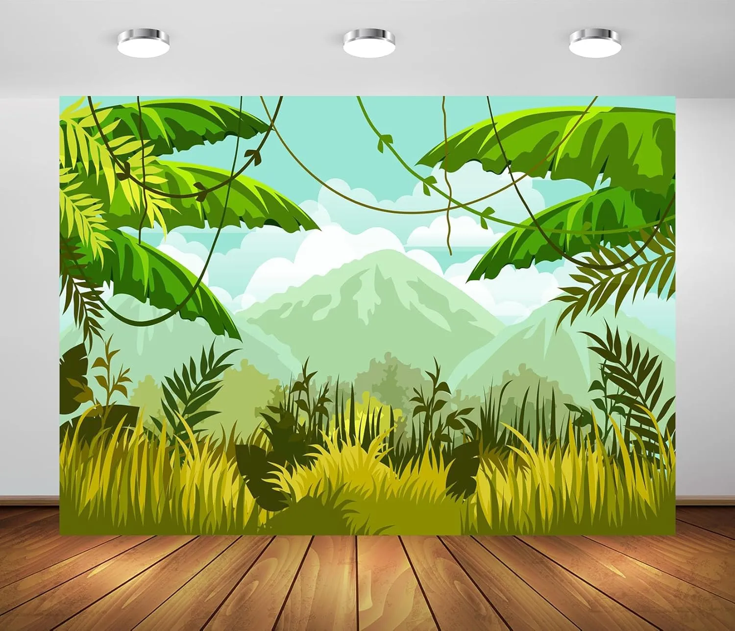 CORFOTO Jungle Safari Backdrop 8x6ft Fabric Wild Animals Mountains Green Forest Photography Background for Safari Themed Birthday Party Decorations Zoo Party Banner Kids Baby Shower Photo Booth Props