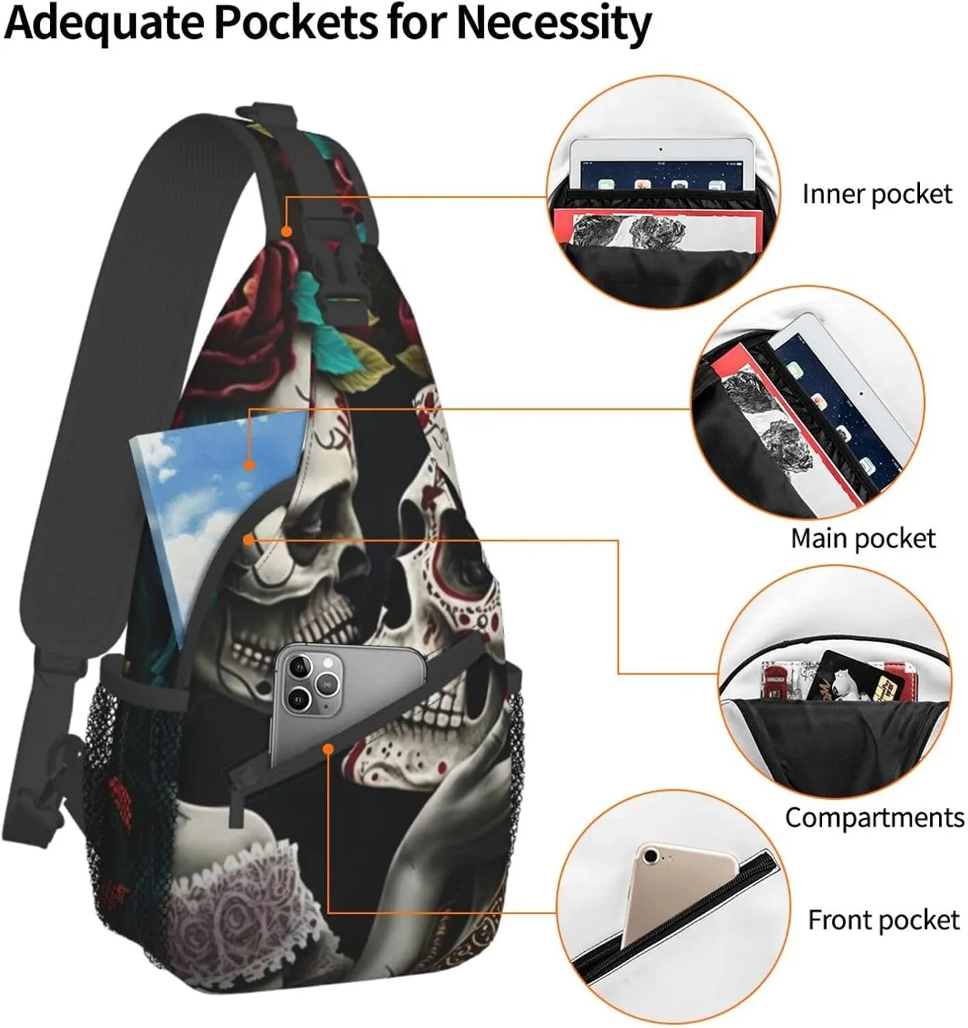 Couple Skull Outdoor Cross-body Shoulder Bag, Unisex Backpack For Women Men Young Hiking Travel