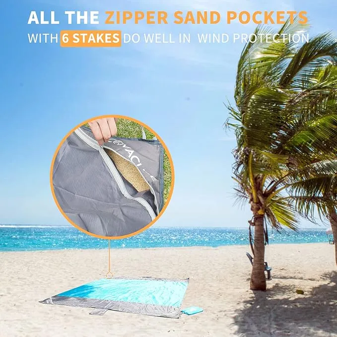 covacure Beach Blanket - Extra Large Beach Blanket Waterproof Sandproof Fits 108”X 85.2" for 8 Adults, Oversized Beach Mat with Zipper Pocket, Outdoor Beach Accessories for Travel, Camping, Hiking