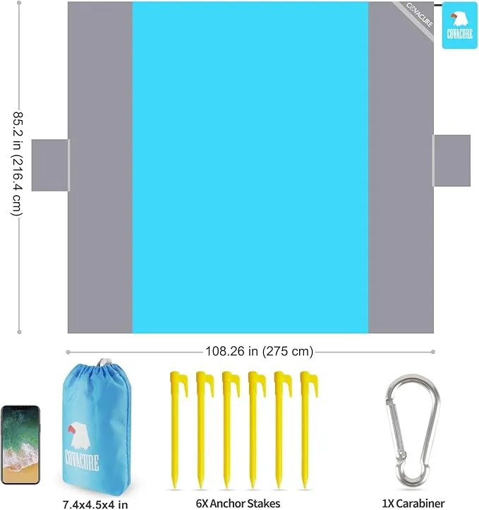 covacure Beach Blanket - Extra Large Beach Blanket Waterproof Sandproof Fits 108”X 85.2" for 8 Adults, Oversized Beach Mat with Zipper Pocket, Outdoor Beach Accessories for Travel, Camping, Hiking