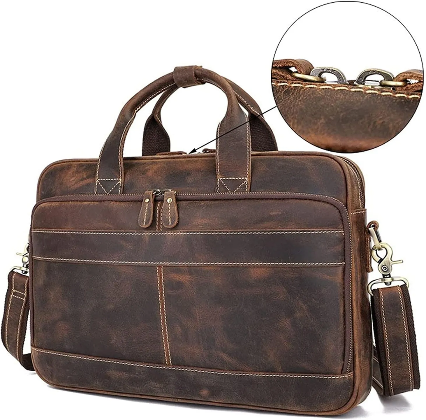 Crazy Horse Leather 15.6" Laptop Briefcase Business Office Shoulder Handbags Retro Cross-Body Messenger Tote Bag