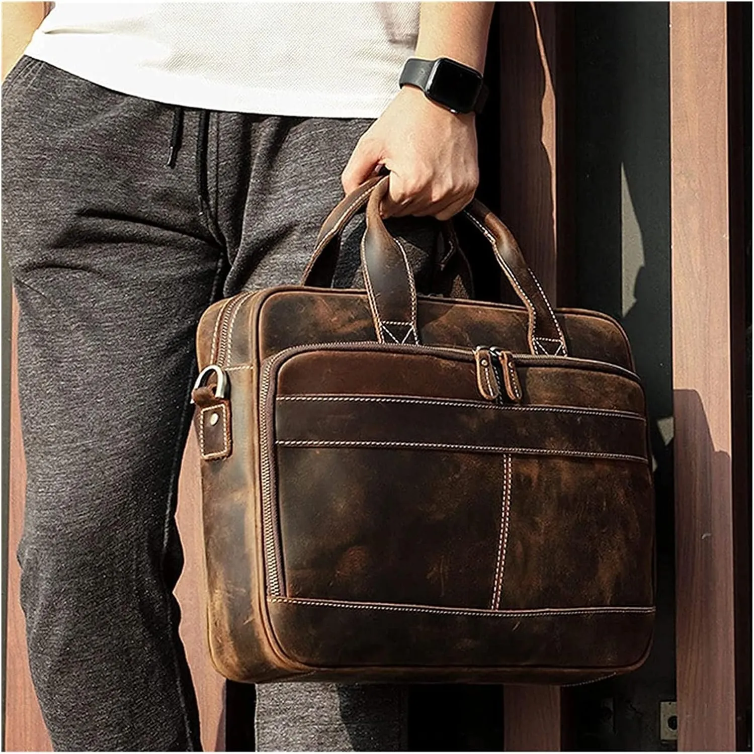 Crazy Horse Leather 15.6" Laptop Briefcase Business Office Shoulder Handbags Retro Cross-Body Messenger Tote Bag
