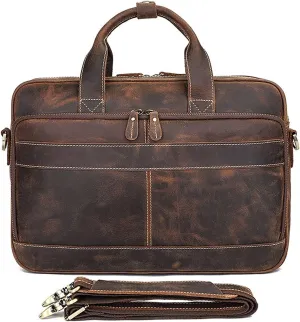 Crazy Horse Leather 15.6" Laptop Briefcase Business Office Shoulder Handbags Retro Cross-Body Messenger Tote Bag