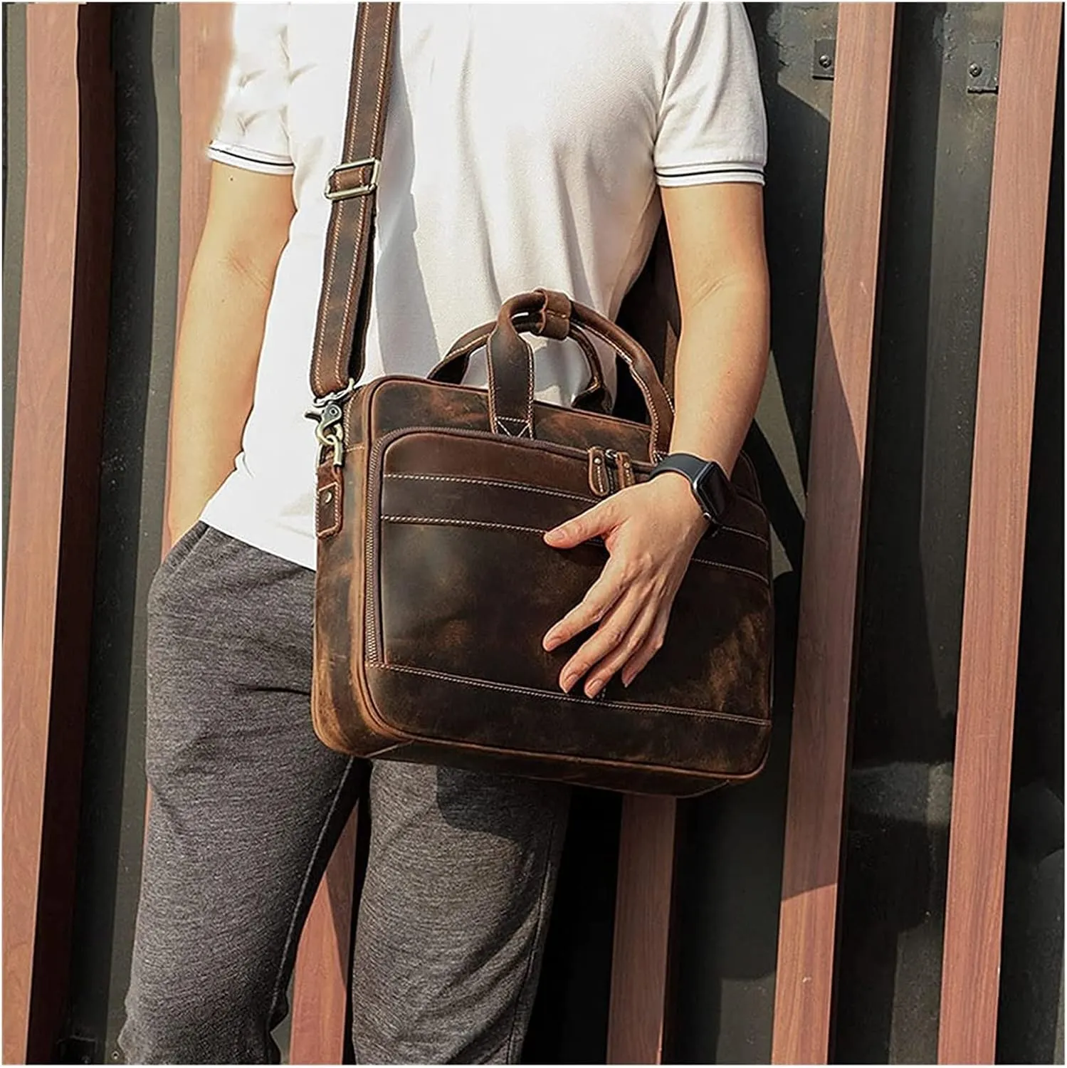 Crazy Horse Leather 15.6" Laptop Briefcase Business Office Shoulder Handbags Retro Cross-Body Messenger Tote Bag