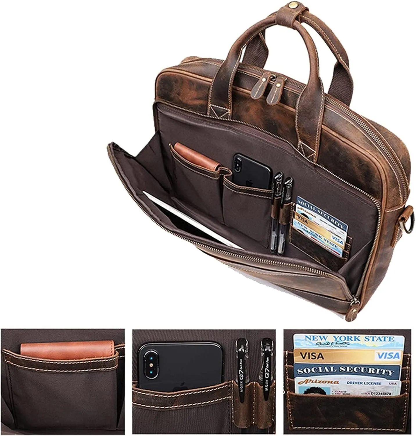 Crazy Horse Leather 15.6" Laptop Briefcase Business Office Shoulder Handbags Retro Cross-Body Messenger Tote Bag