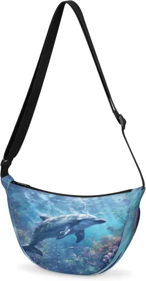 Crescent Crossbody Bag for Women & Men Lightweight Spacious Dumpling-style Sling Bag Adjustable Strap Zippers Travel Casual Use Suitable Bright Dolphin