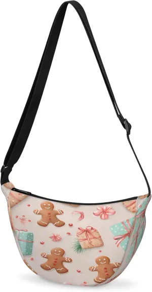 Crescent Crossbody Bag for Women & Men Lightweight Spacious Dumpling-style Sling Bag Adjustable Strap Zippers Travel Casual Use Suitable Cute Gingerbread-man