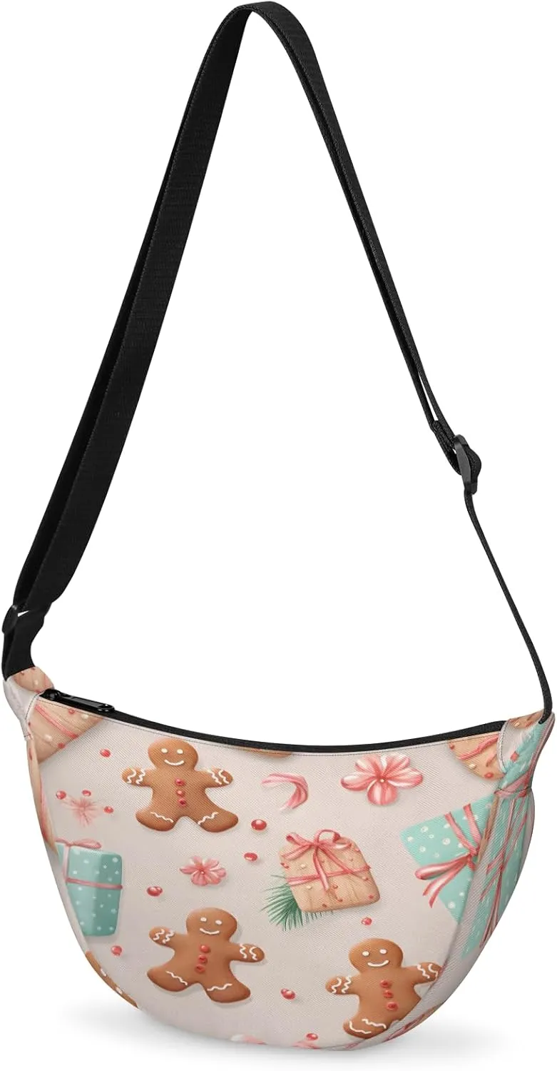 Crescent Crossbody Bag for Women & Men Lightweight Spacious Dumpling-style Sling Bag Adjustable Strap Zippers Travel Casual Use Suitable Cute Gingerbread-man