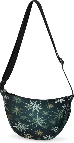 Crescent Crossbody Bag for Women & Men Lightweight Spacious Dumpling-style Sling Bag Adjustable Strap Zippers Travel Casual Use Suitable Watercolor Christmas Snowflakes