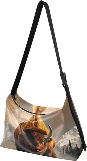 Crossbody Bag Autumn Bison Print Large Capacity for Women Men, PU Leather Shoulder Bag Zipper Closure with Fabric Strap