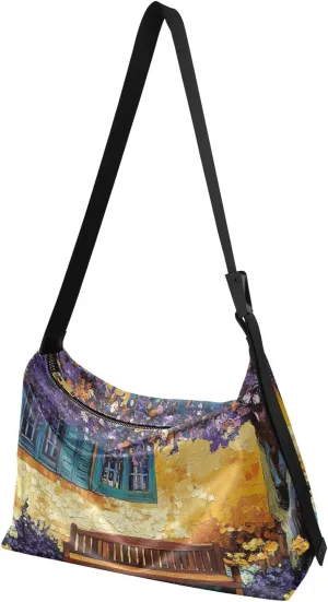 Crossbody Bag Yard Painting Print Large Capacity for Women Men, PU Leather Shoulder Bag Zipper Closure with Fabric Strap