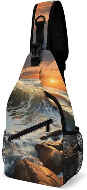 Crossbody Sling Backpack,Rocky Wave Sunset Print Crossbody Chest Bag,Full Printed Travel Small Sling Bag For Travel Hiking Sports