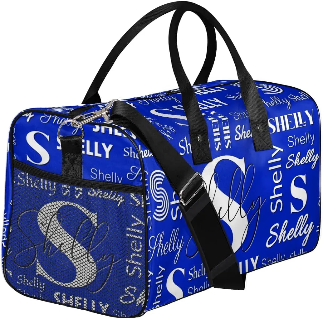 Custom Initial Duffle Bag with Name Valentines Day Gifts Personalized Weekender Bag Overnight Bag for Women Sports Gym Bag Travel Bag Friend Gifts Blue