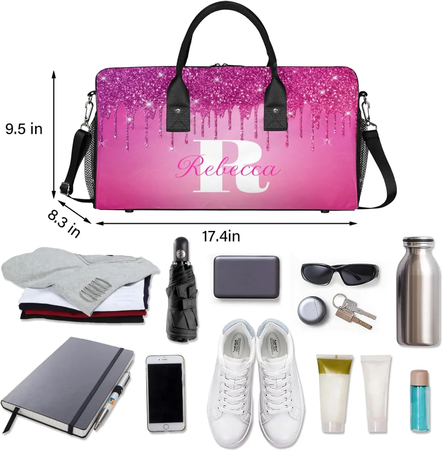 Custom Name Sports Duffel Bag Personalized Dance Gym Bag for Women Men Overnight Weekender Travel Duffel Bags Lightweight 17.4in, Berry