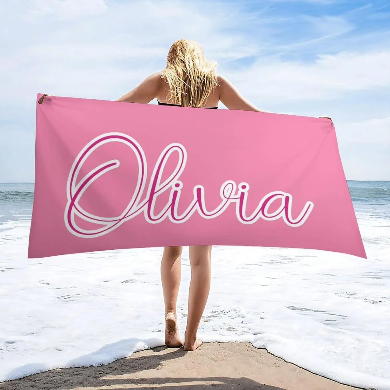Custom Pink And White Names Beach Towel for Teen Bride Gift Customized Pink And White Bath Towels Designer Sand Free Striped Sand Beach Towel for Men Summer Gifts