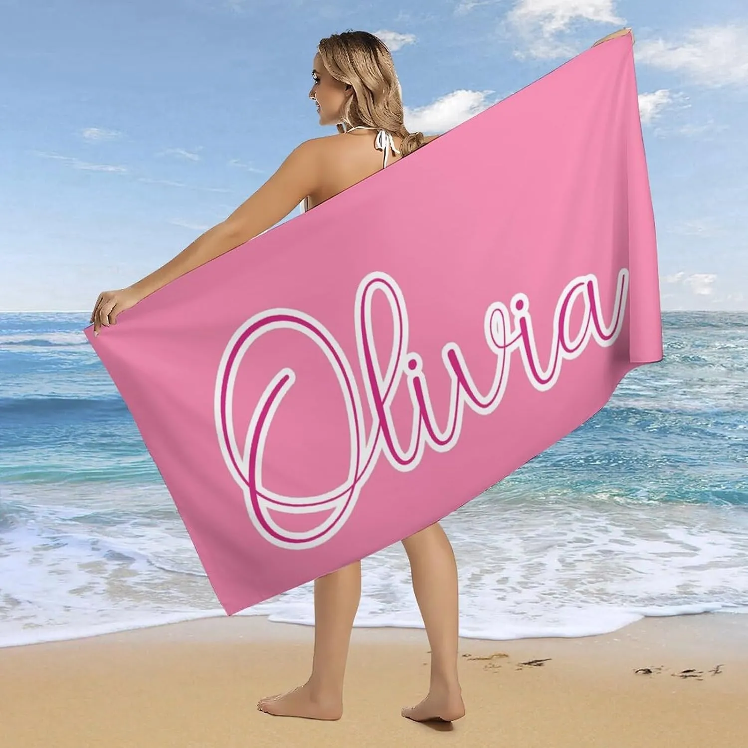 Custom Pink And White Names Beach Towel for Teen Bride Gift Customized Pink And White Bath Towels Designer Sand Free Striped Sand Beach Towel for Men Summer Gifts