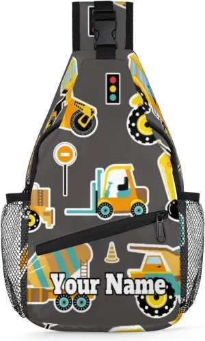 Custom Sling Bag With Name, Personalized Crossbody Shoulder Backpack for Men Women, Construction Machinery Cars Multipurpose Chest Pack,Leisure Sports Outdoor, Cute Cars