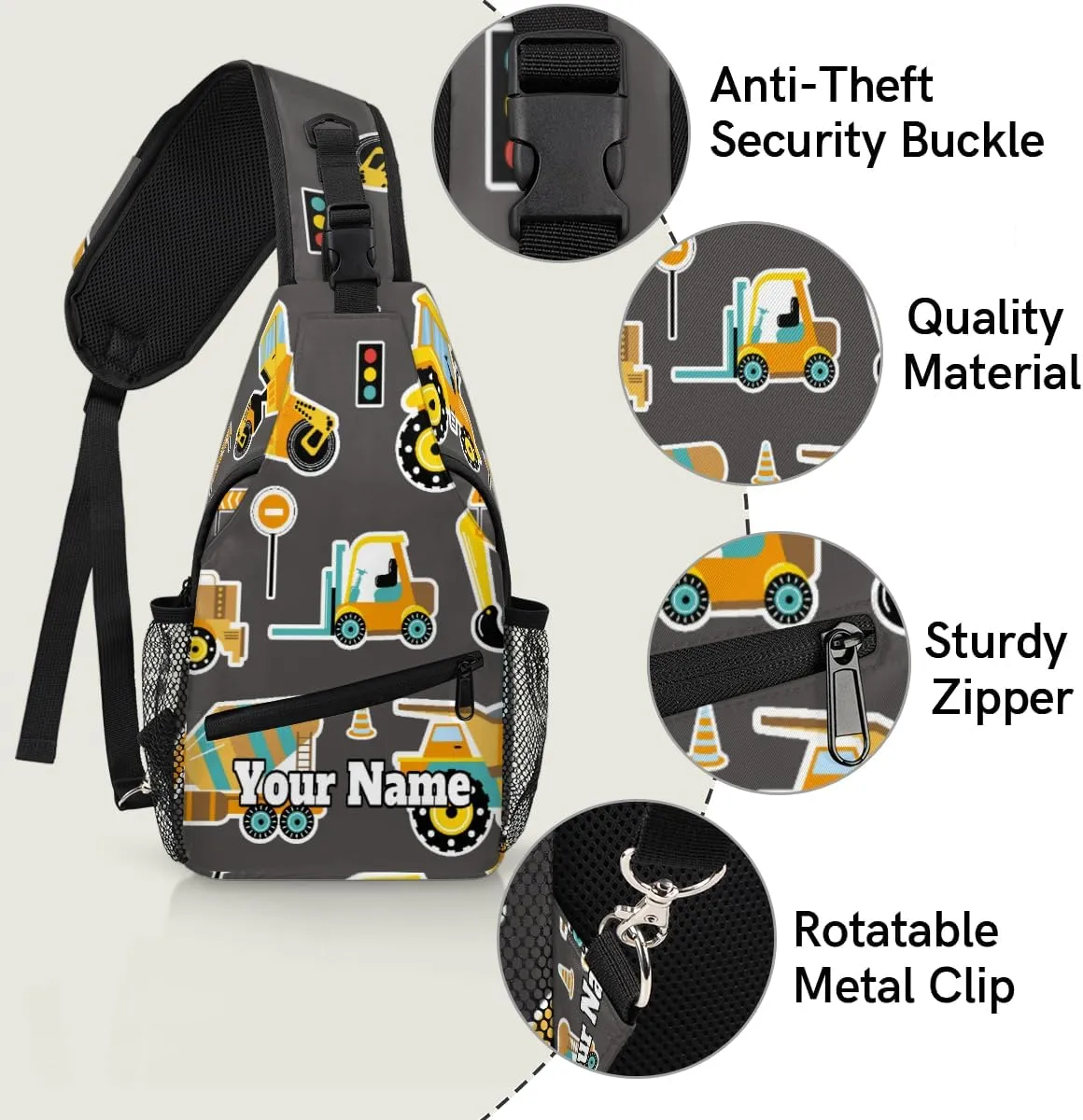 Custom Sling Bag With Name, Personalized Crossbody Shoulder Backpack for Men Women, Construction Machinery Cars Multipurpose Chest Pack,Leisure Sports Outdoor, Cute Cars