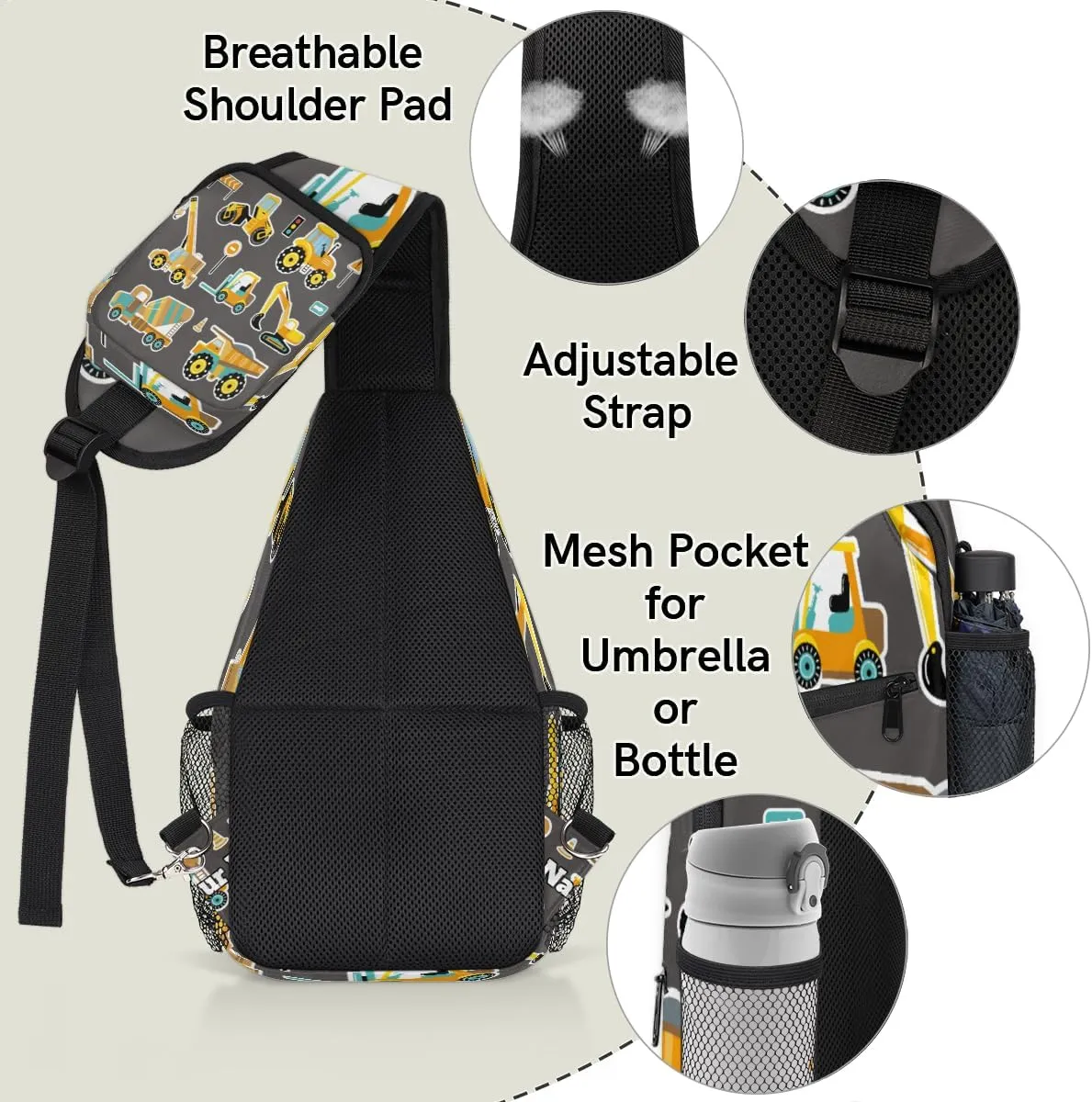 Custom Sling Bag With Name, Personalized Crossbody Shoulder Backpack for Men Women, Construction Machinery Cars Multipurpose Chest Pack,Leisure Sports Outdoor, Cute Cars