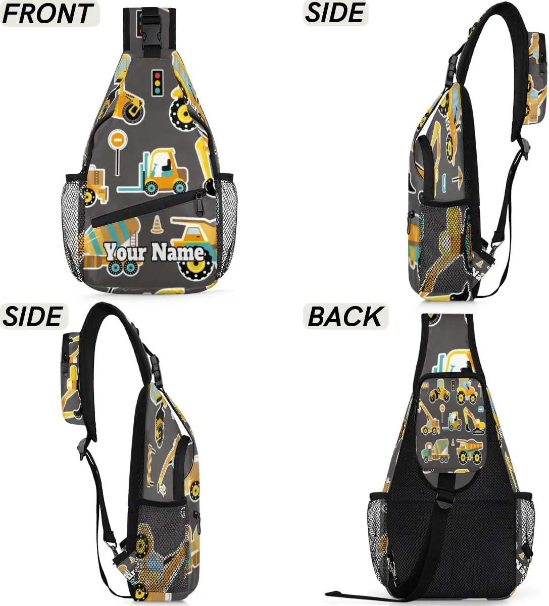 Custom Sling Bag With Name, Personalized Crossbody Shoulder Backpack for Men Women, Construction Machinery Cars Multipurpose Chest Pack,Leisure Sports Outdoor, Cute Cars