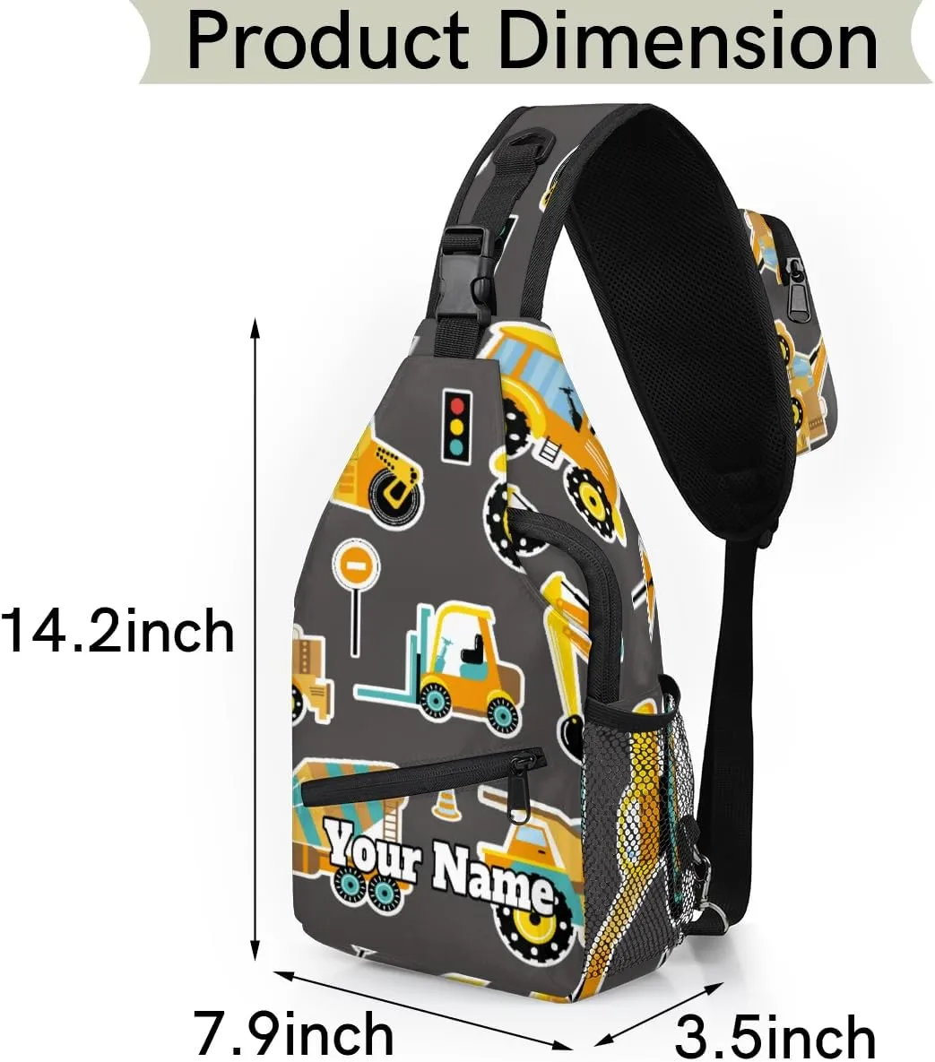 Custom Sling Bag With Name, Personalized Crossbody Shoulder Backpack for Men Women, Construction Machinery Cars Multipurpose Chest Pack,Leisure Sports Outdoor, Cute Cars