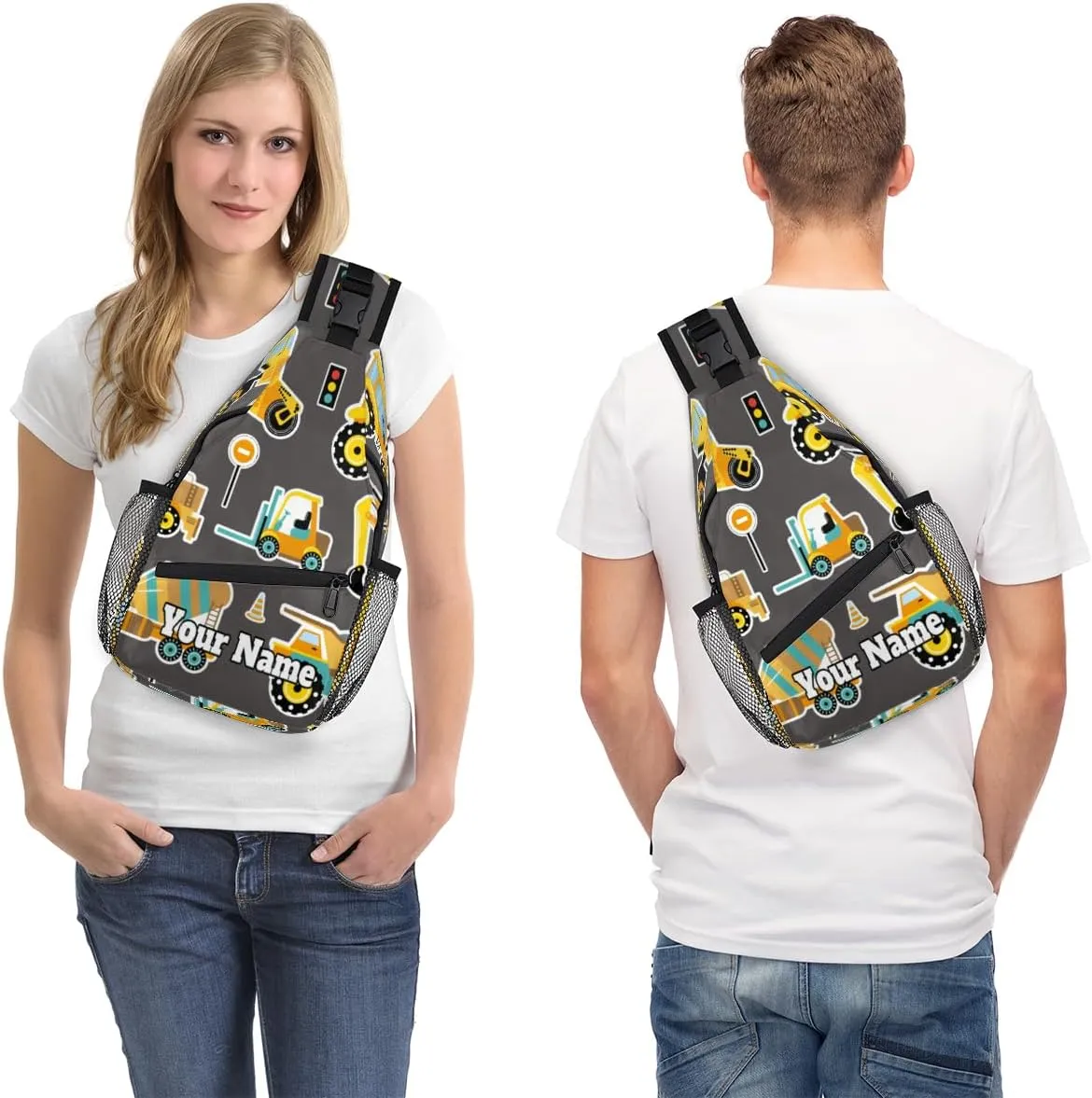 Custom Sling Bag With Name, Personalized Crossbody Shoulder Backpack for Men Women, Construction Machinery Cars Multipurpose Chest Pack,Leisure Sports Outdoor, Cute Cars