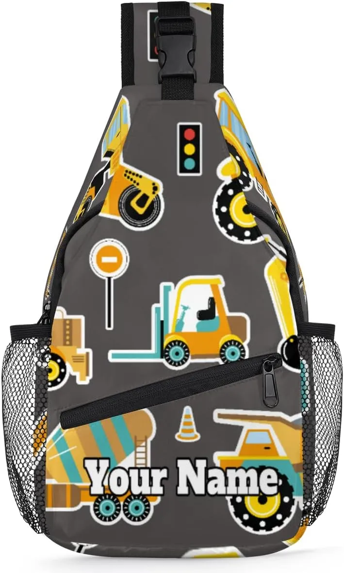 Custom Sling Bag With Name, Personalized Crossbody Shoulder Backpack for Men Women, Construction Machinery Cars Multipurpose Chest Pack,Leisure Sports Outdoor, Cute Cars