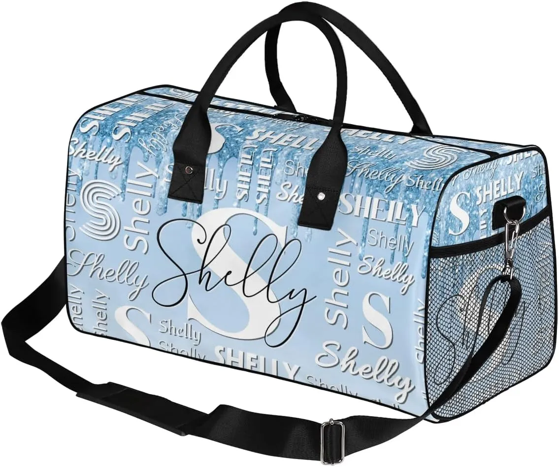 Custom Travel Duffle Bag for Men Women Personalized Waterproof Overnight Weekender Bag Foldable Travel Bag Large Sports Gym Bag Luggage Tote Bag, Glitter Drops Light Blue
