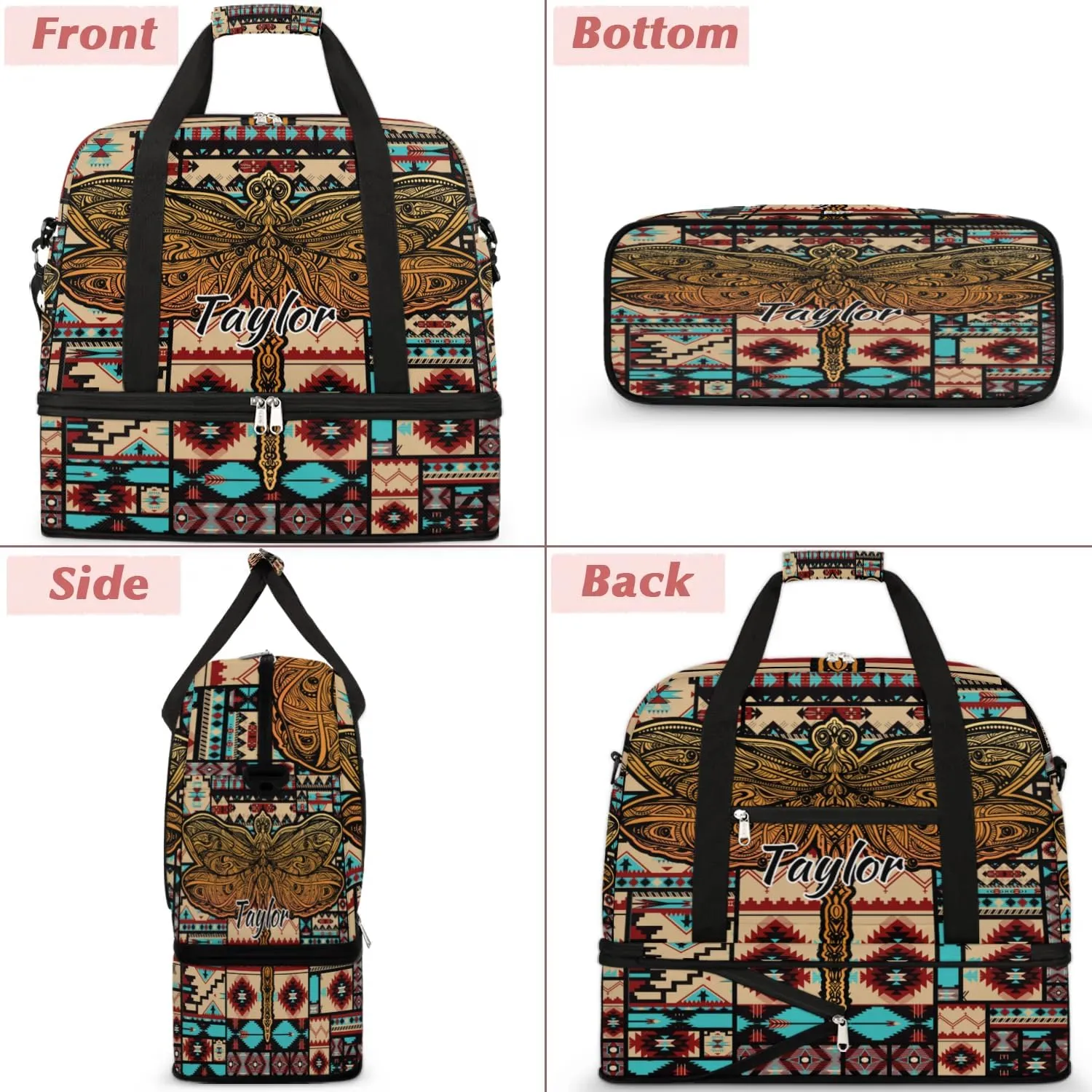 Customized Gym Bag for Women, Personalized Aztec Travel Duffel Bag with Name, Dragonfly Weekender Overnight Bag with Shoes Compartment for Men Travel Yoga